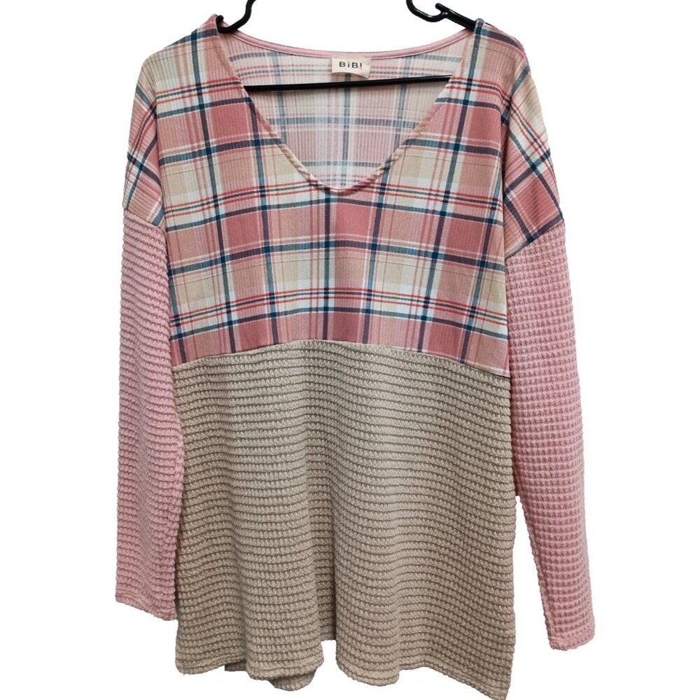 BiBi Womens Tunic Top Medium Thermal Plaid BOHO Cottagecore Oversized Casual